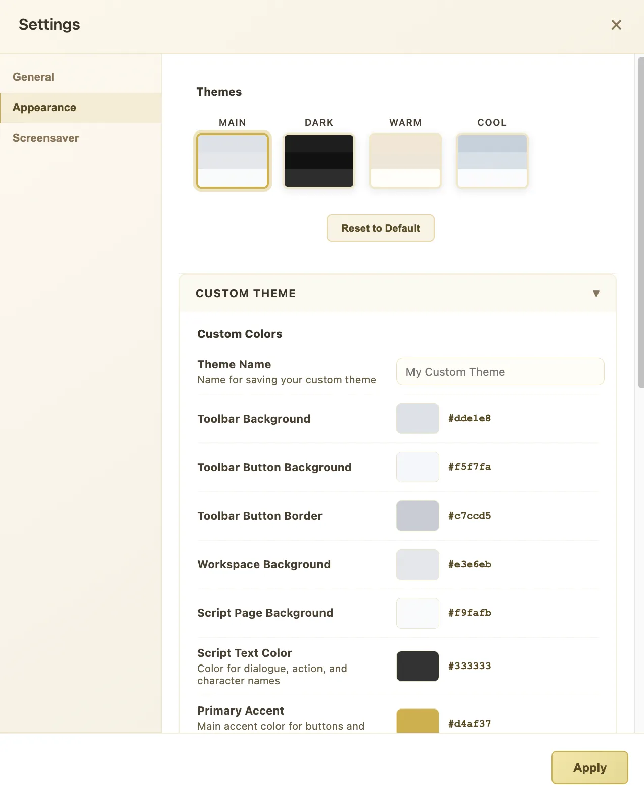 Appearance Settings panel showing Themes, Custom Theme colors, and UI Scaling options